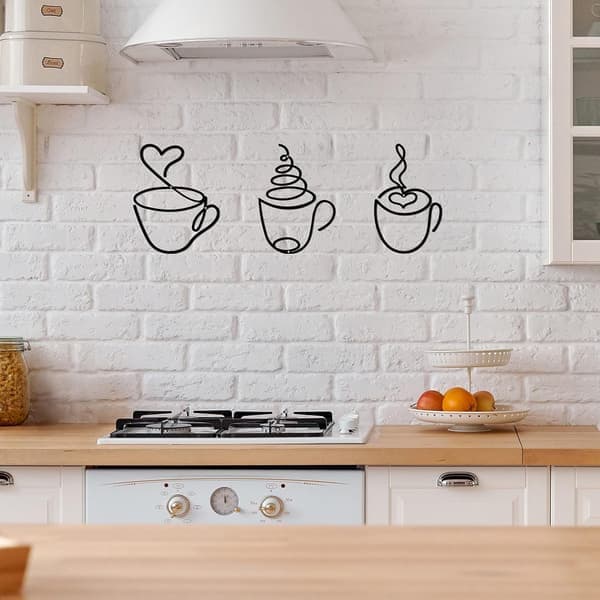 3-delad kaffemugg i metall väggkonst linje kaffe väggskylt