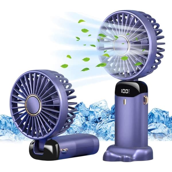 Bærbar ventilator, USB genopladelig, 5 hastigheder, foldbar, med LED-skærm (blå)