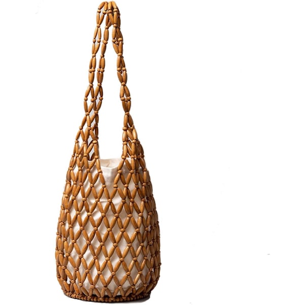 Retro Træ Skuldertaske Kvinder Vævet Perlebesat Håndtaske Udhulet Tote Taske Casual Strand Bucket Taske Brown