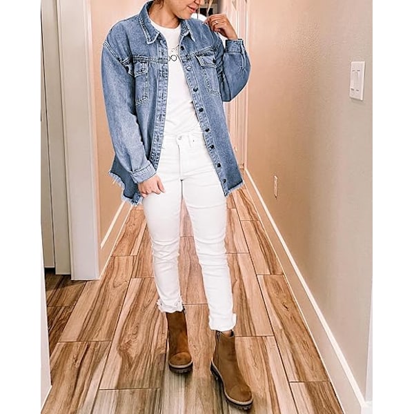 Dame Denim Jakke Oversized Flosset Kant Jean Trucker Jakke