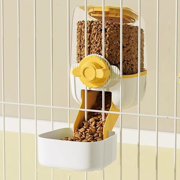 Automatiske hængende foderautomater til hunde og katte, automatisk tyngdekraftsfoderautomat til dyr (gul-hvid mad)