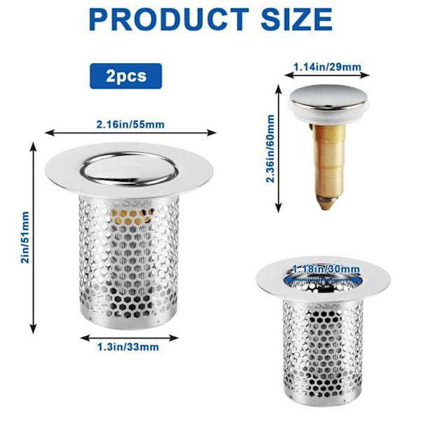 Sluksil, kjøkkenvaskfilter i rustfritt stål, 33 × 50 mm dusjrist, pop-up sluk i messing