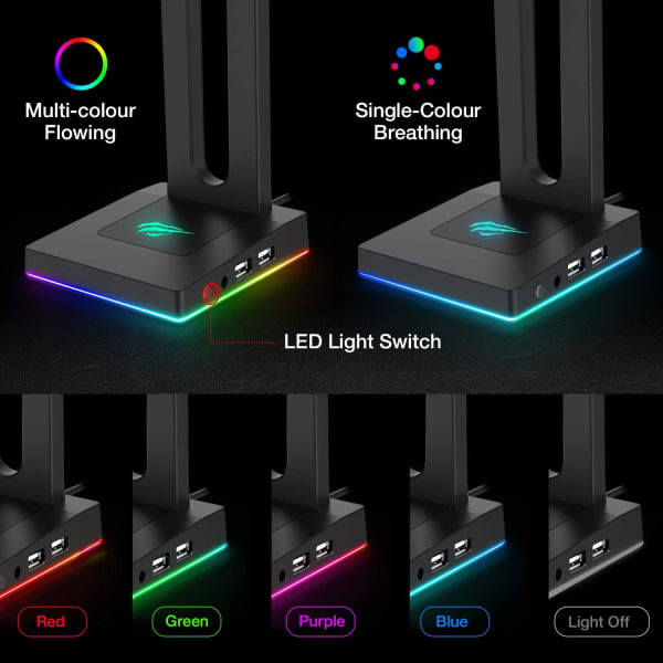 Hörlursstativ, RGB-headsetstativ med 2-portars USB-hubb Gamer Hea