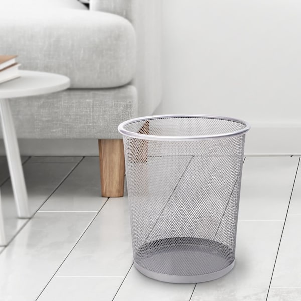 Rund Søppelbøtte - Svart Sklisikker Mesh-bøtte, Stilig og Solid Metallavfallsbøtte for Hjem, Soverom Silver M