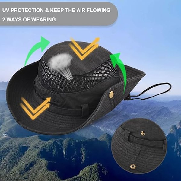 Solhatt i bomull UV-skydd Sommarhattar Strandhatt Safari Boonie Hatt Hopfällbar Fiskehatt med Andningsbart Mesh och Justerbar Hakrem Black