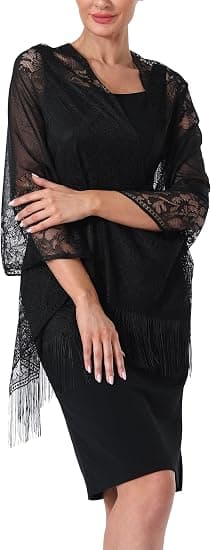 Kvinders blomstrede blondecardigans, sjal og wrap til aftenkjole, frynset blonde-pashmina-sjal til bryllupskostumefest, sort