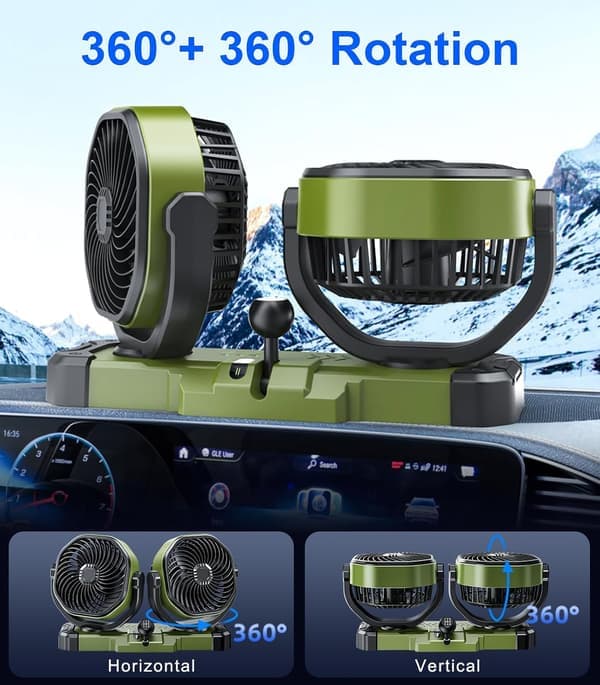 Dobbelt-hovedet køleventilator til køretøjer, USB 5V & 12V/24V instrumentbrætventilator til lastbil, SUV, autocamper og varevogn 5V USB 5V USB