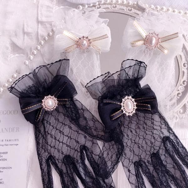 Sorte Hvide Blondehandsker Gotisk Lolita Mesh Sløjfehandske SORT Sort Black