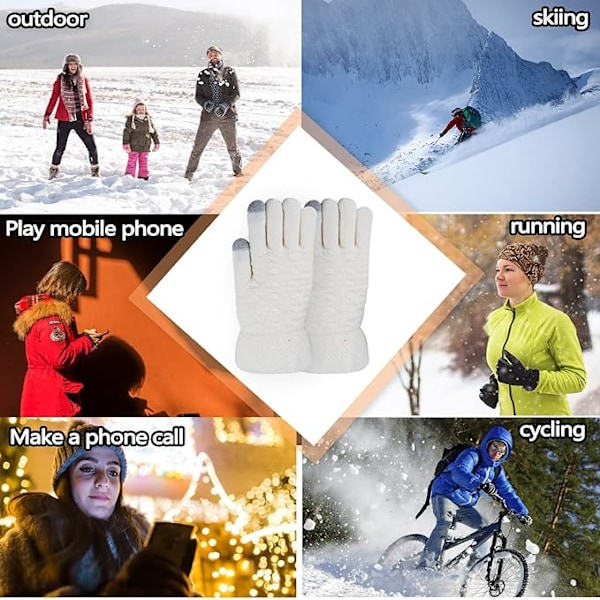 Varma Vintervantar med Touchscreen för Kvinnor, Termiska Stickade Ullvantar med Fleecefoder för Kallt Väder Vit White