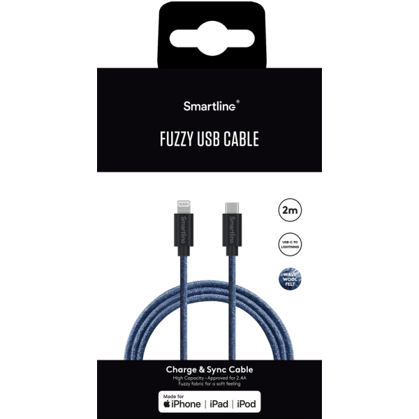 SmartLine USB-kabel Lightning-USB-C 2m Fuzzy Blue