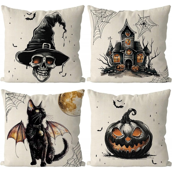 4 st 45*45cm gotisk svart katt skalle kuddfodral semester bondgård örngott soffkudde fodral