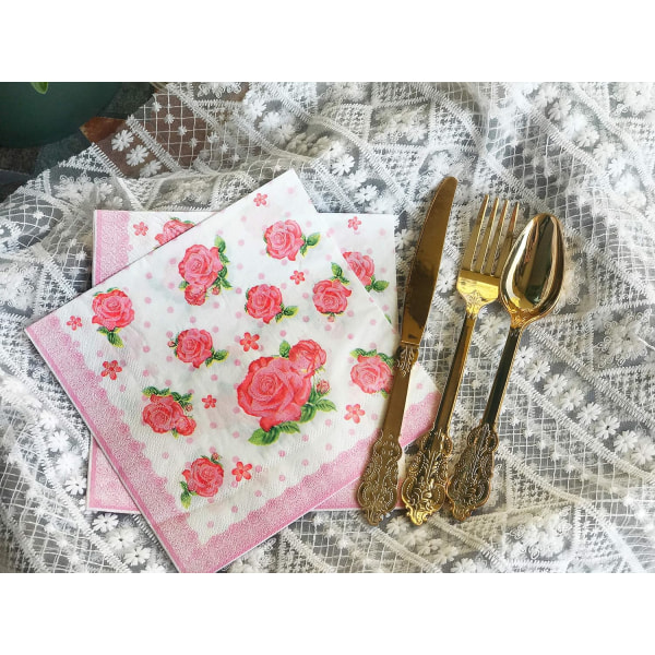 60 Stk Mintblommiga Rostryckta Servetter Röd Ros Chintz Decoupage
