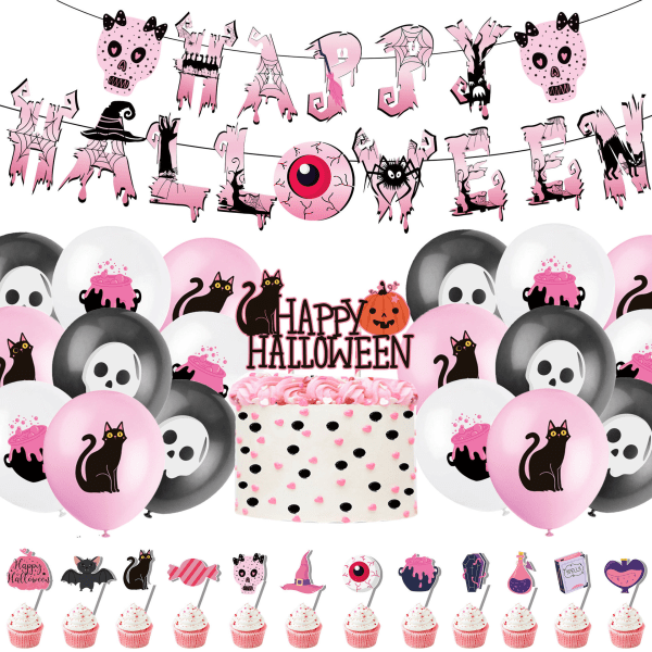 Rosa Skalle Ballon Halloween Temafest Svart Katt Banner Dragsnöre