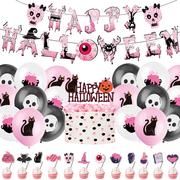 Vaaleanpunainen Skull Balloon Halloween-teemajuhlat Black Cat Banner Pull Fl