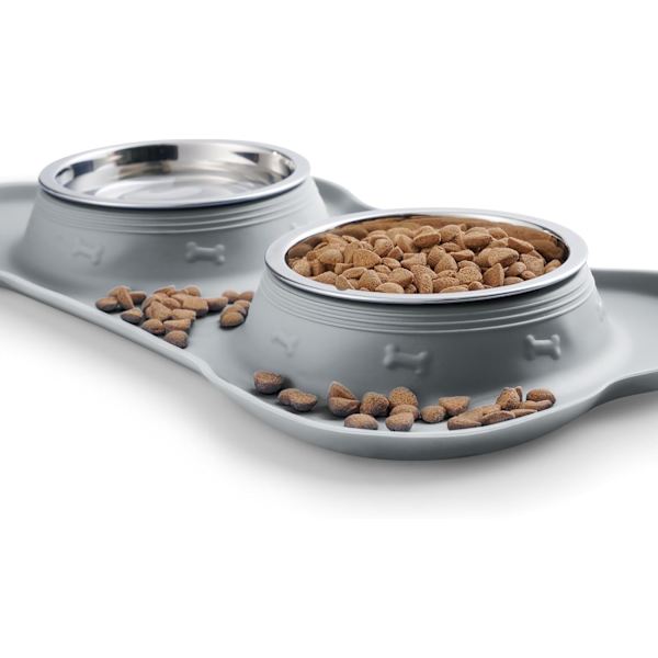 (Grå) Kæledyrsskål til hund 2 Rustfrit stål med spildsikker skridsikker silikonemåtte og madskål til fodring af små og mellemstore hunde