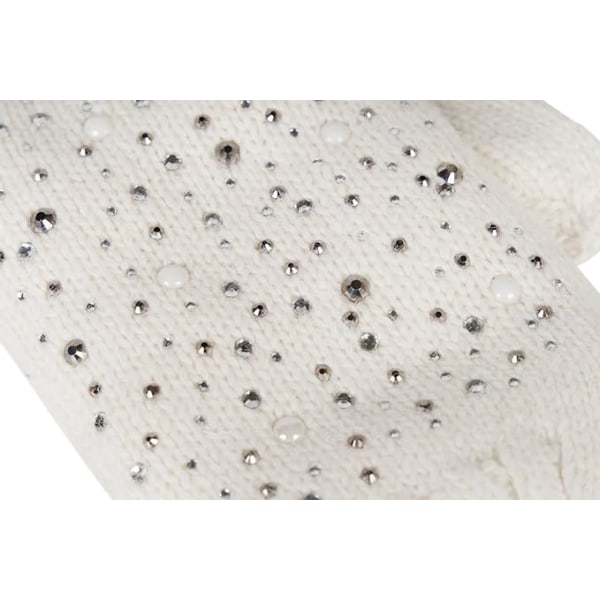 Gants tricotés chauds pour femmes avec strass et perles - blancs,