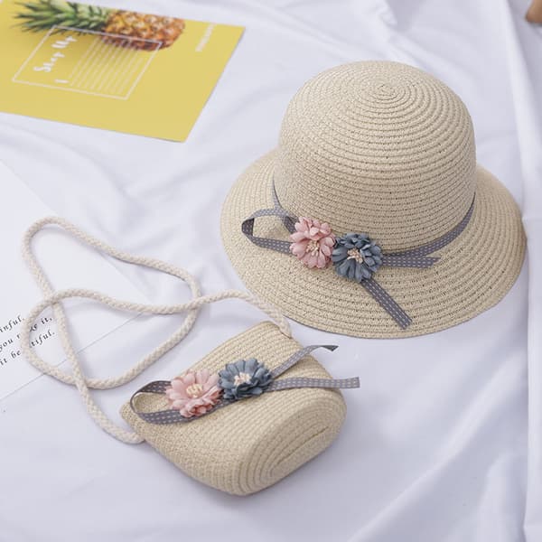1 Sæt, Stråhat og Stråtaske, (Beige) Stråhat Piger Børn Solhat Sommer Strandhat Strå P