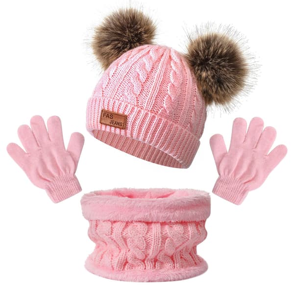 (Rosa) Vinterlue Skjerf Hansker Sett 3 i 1 for Barn, 3 Deler K