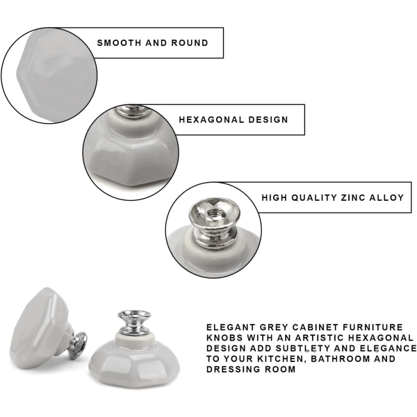 8 delar grå skåpdörrknoppar, keramisk dörrknopp, zinklegering