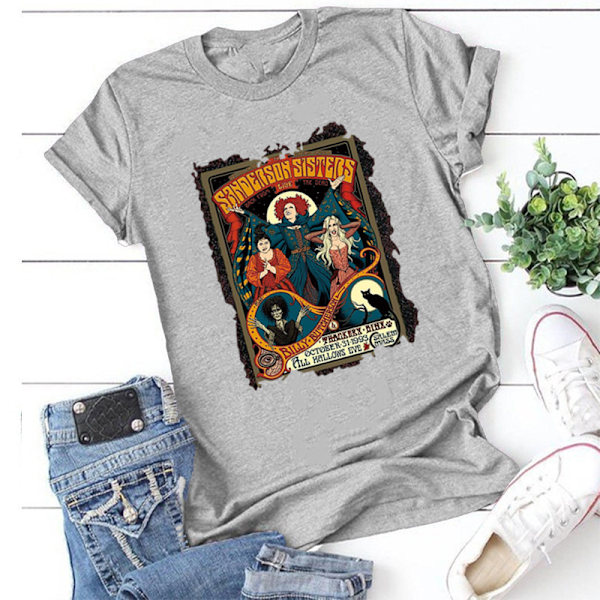(Grå L) Halloween Film T-shirt Vintage Sanderson Søstre Heks Grafik Tee