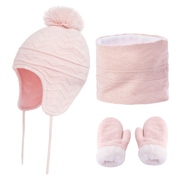 Barnens Halsduk och Vantar Set - 3-Delar Pom Pom Vintermössa (Rosa L)