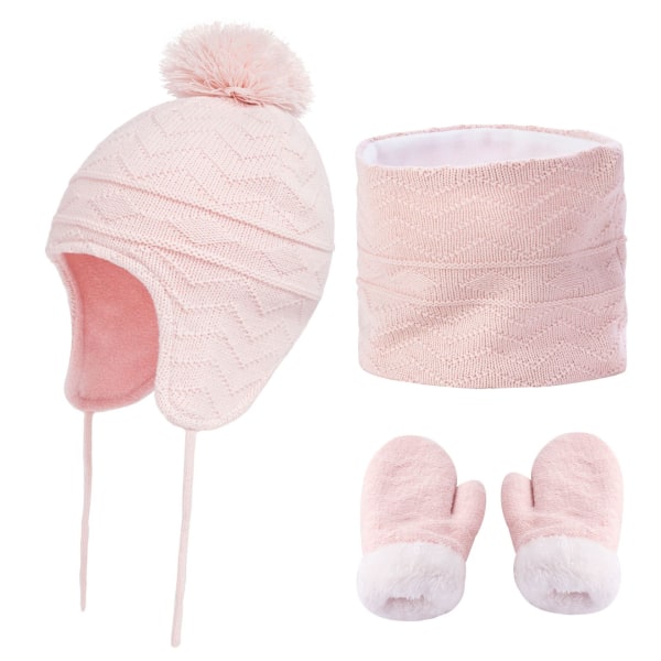 Sæt med tørklæde og handsker til børn - 3-delt Pom Pom vinterhatte (Pink L)