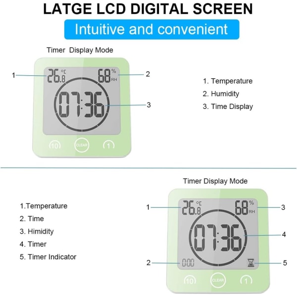 Badrumsklocka, Vattentät Touch Control Duschklocka, LCD Digita