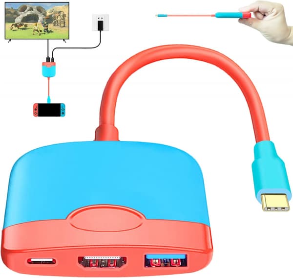 Bærbar Switch Dock til Nintendo Switch HDMI Adapter (Rød og Blå), Rejse Dock 3-I-1 Switch Docking Station Switch USB C til HDMI