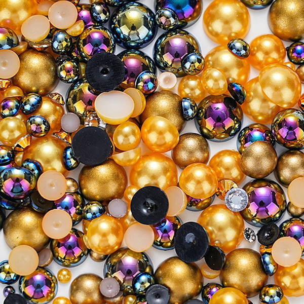 (Guld) 100g Gradient Halvpärlor och Diamanter, 3mm-10mm Halvrunda Flatback Pärl Pärlor Harts Imitati