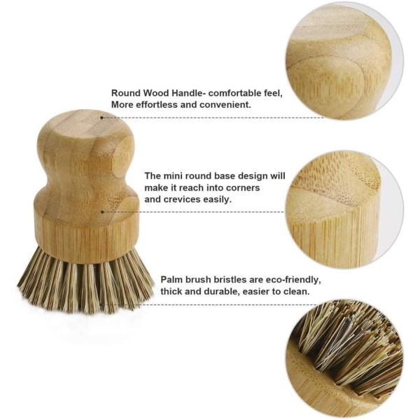 Palm Pot Brush, Mini Rund Bambu Diskborste Rengöringsborste