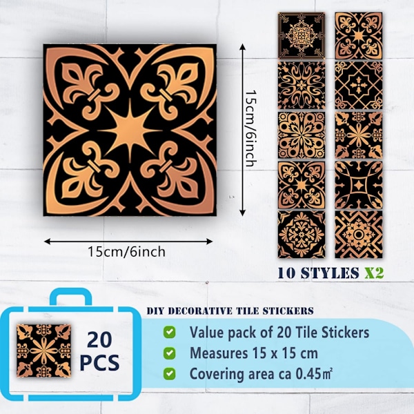 20 kpl 15*15cm Musta Kulta Retro Laattatarra Kylpyhuoneeseen Keittiöön, Öljynkestävä Vedenpitävä PVC Itseliimautuva