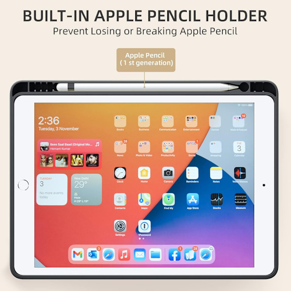 iPad-fodral för iPad 7:e/8:e/9:e generation svart med pennhållare, skyddsfodral med mjukt TPU-baksida