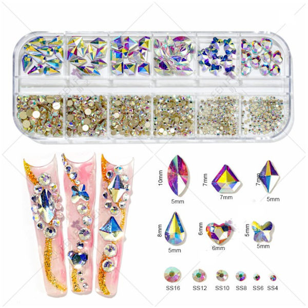 1 lådor flerfärgade nagelstrass med fint glitterkit, olika former nagelstenar med S4-S16 flatback Rou