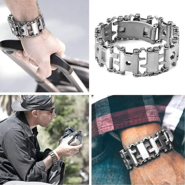 (Sølv) Survival Multitools Sølv Armbånd for Menn, 29 i 1 Rustfritt Stål Multifunksjonsarmbånd Utendørs Multiverktøy B