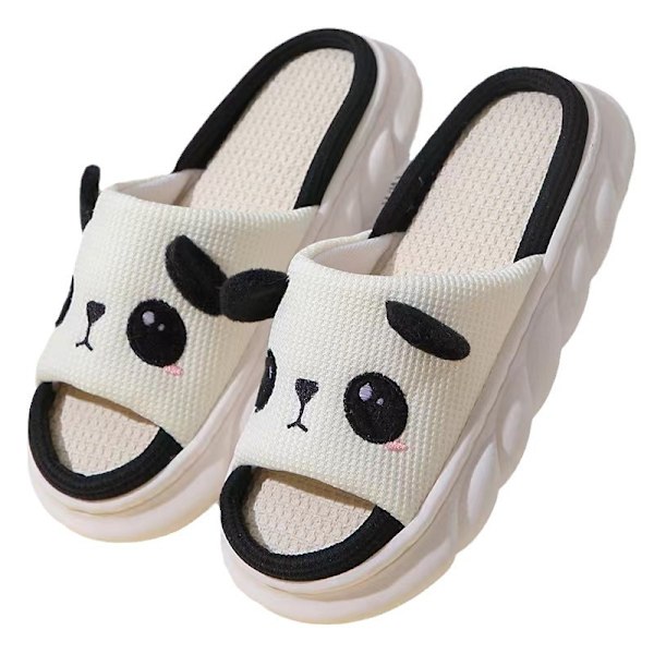 (L) Linneslippers söta panda bomull och linne fyra säsonger tofflor par mjuk botten halkfri svettabsorberande tofflor