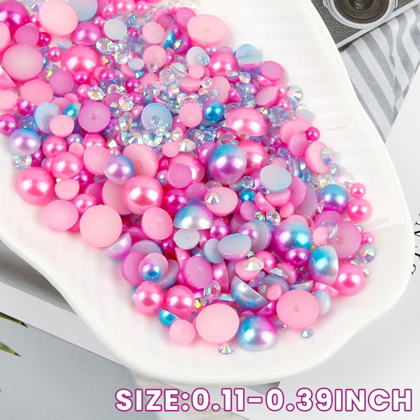 (Pink) 100g Gradient Halve Perler og Diamanter, 3mm-10mm Halvrunde Flad Bagside Perleperler Resin Imitati