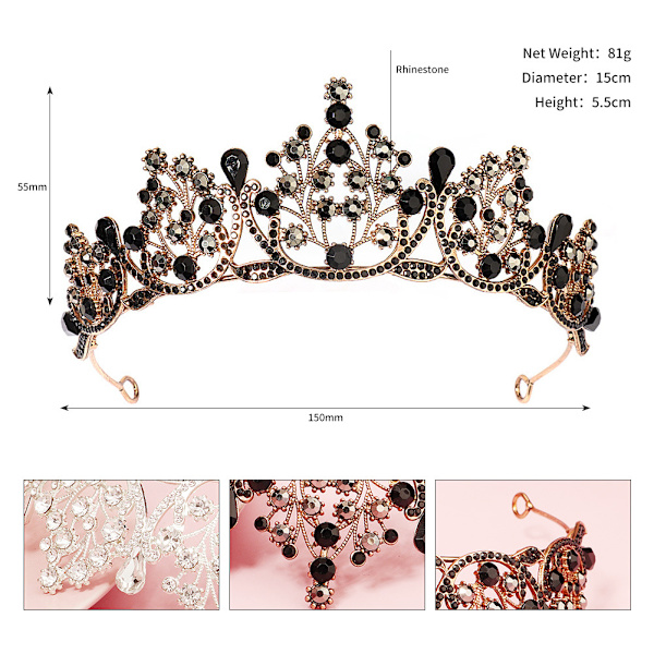 Krona Retro Gotisk Rhinestone Prinsesskrona Svart Barock Kristall