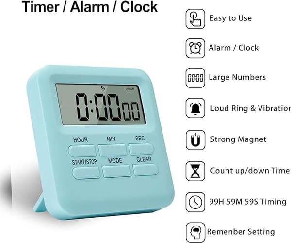 Digital timer med klokke/vekkerklokkefunksjon, digital kjøkkentimer