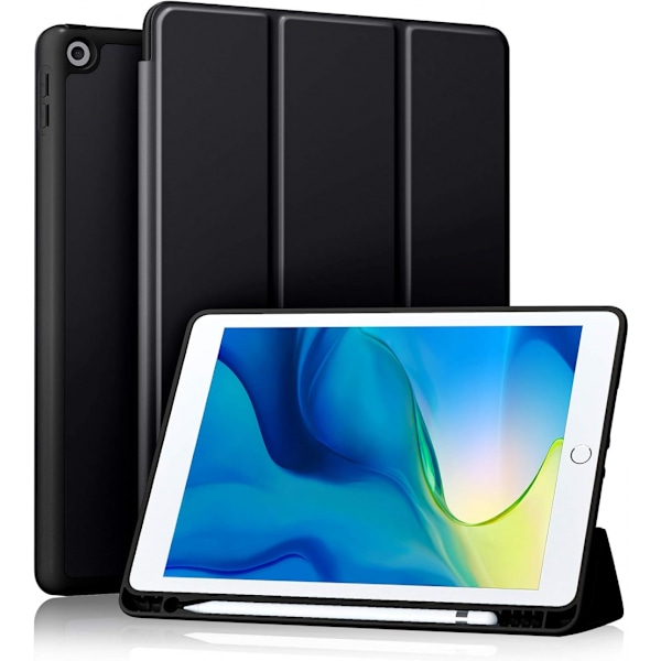 iPad-fodral för iPad 7:e/8:e/9:e generation svart med pennhållare, skyddsfodral med mjukt TPU-baksida