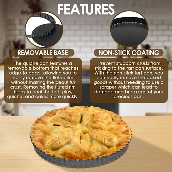 Tarteform, 9 tommer karbonstål Quiche med avtakbar bunn, Non-Stick, Riflet, 9,5 tommer øvre diameter, 9 tommer nedre diameter, Svart