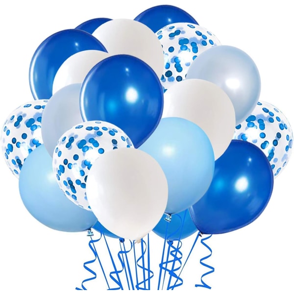 100 st blå konfetti latex ballonger, ljusblå och vit fest b