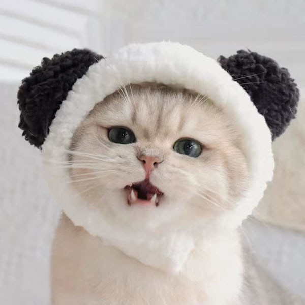 (Panda) Sød Kattekostume Varm Hue til Katte Justerbar Blød Lille Kæledyr Hovedbeklædning Bjørnehue til Katte og Hvalpe