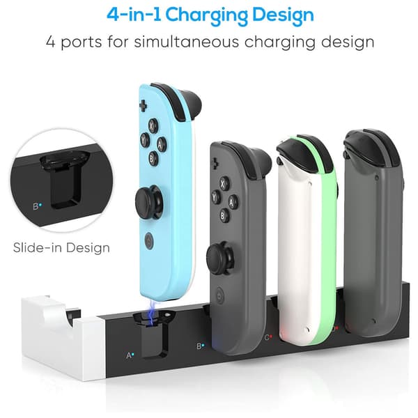 (Hvid og Sort) Opladningsstation til Joycon Nintendo Switch & OLED - Oplader op til 4 controllere, kompatibel med Switch og Switch OLED-model