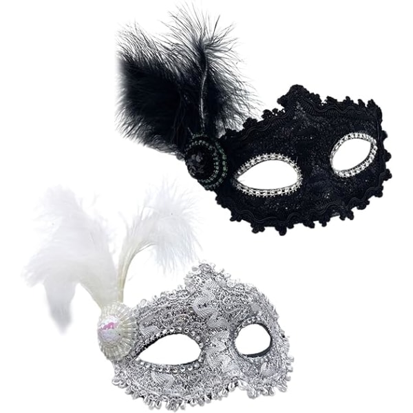 Pakke med 2 venetianske fjermasker til kvinder til fest, cosplay, ca
