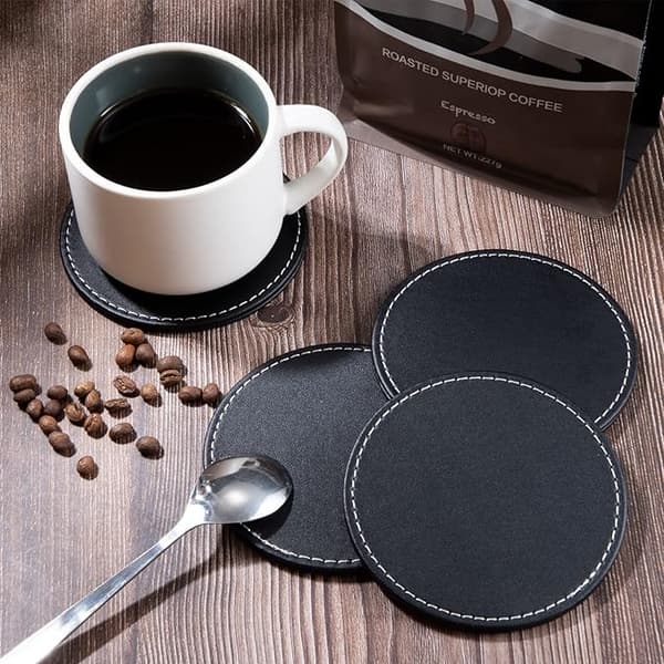  Runde Drikkemåtter PU Læder Coasters Sort Bordmåtte med Holder