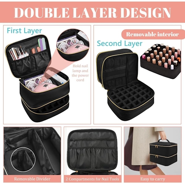Nagellack Organizer Väska (Svart), Nagellack Förvaring Rymmer 30 Flaskor (0,5 fl.oz) Nagellampa Nagellack Bärväska