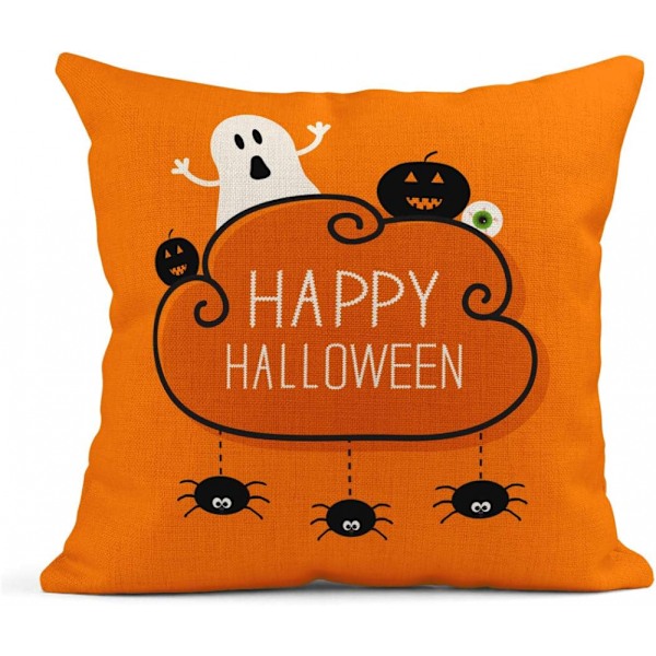 Sæt med 4 45x45 cm Spøgelse Græskar Øjeæble Tre Hængende Edderkopper Glædelig Halloween Sky Orange Dekor Linned Pudebetræk
