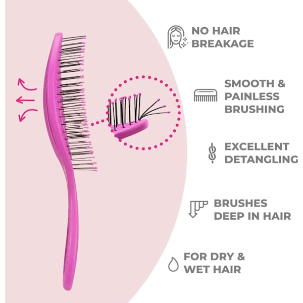Rosa utredningsborste för kvinnor, män och barn - Drar inte i håret - Rätningsborste för lockigt,