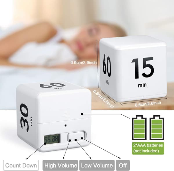 1 Styk Hvid Cube Timer, 15-20-30-60 Minutter til Tidsstyring, Cube Køkken Timer Gravitationssensor
