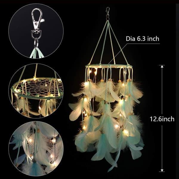 Vihreä Höyhen Dreamcatcher-Mobile LED-Valoilla Seinälle